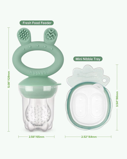 Haakaa Freeze-N-Feed Mini Combo-Food Feeder & Tray-Non-toxic Silicone Pouch with Small Holes-Pea Green Feeder & Pea Green Tray-4M+