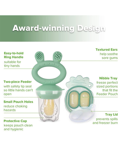 Haakaa Freeze-N-Feed Mini Combo-Food Feeder & Tray-Non-toxic Silicone Pouch with Small Holes-Pea Green Feeder & Pea Green Tray-4M+