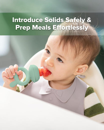 Haakaa Freeze-N-Feed Mini Combo-Food Feeder & Tray-Non-toxic Silicone Pouch with Small Holes-Pea Green Feeder & Pea Green Tray-4M+