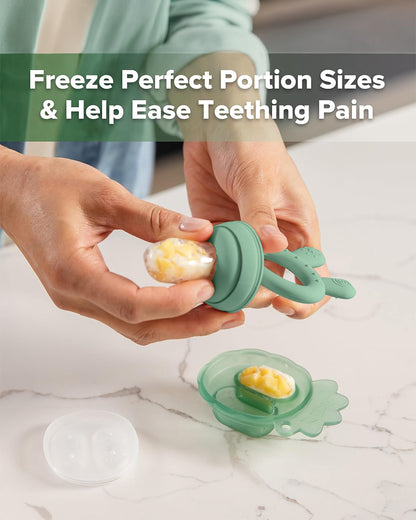 Haakaa Freeze-N-Feed Mini Combo-Food Feeder & Tray-Non-toxic Silicone Pouch with Small Holes-Pea Green Feeder & Pea Green Tray-4M+