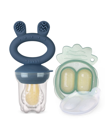 Haakaa Freeze-N-Feed Mini Combo-Food Feeder & Tray-Non-toxic Silicone Pouch with Small Holes-Steel Blue Feeder & Pea Green Tray-4M+