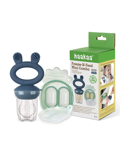 Haakaa Freeze-N-Feed Mini Combo-Food Feeder & Tray-Non-toxic Silicone Pouch with Small Holes-Steel Blue Feeder & Pea Green Tray-4M+