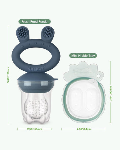 Haakaa Freeze-N-Feed Mini Combo-Food Feeder & Tray-Non-toxic Silicone Pouch with Small Holes-Steel Blue Feeder & Pea Green Tray-4M+