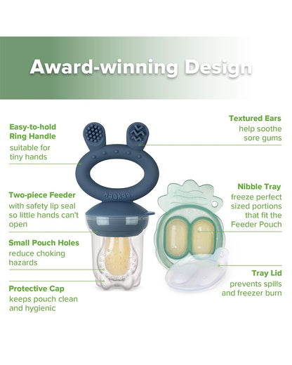 Haakaa Freeze-N-Feed Mini Combo-Food Feeder & Tray-Non-toxic Silicone Pouch with Small Holes-Steel Blue Feeder & Pea Green Tray-4M+