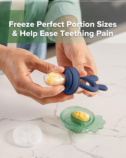 Haakaa Freeze-N-Feed Mini Combo-Food Feeder & Tray-Non-toxic Silicone Pouch with Small Holes-Steel Blue Feeder & Pea Green Tray-4M+
