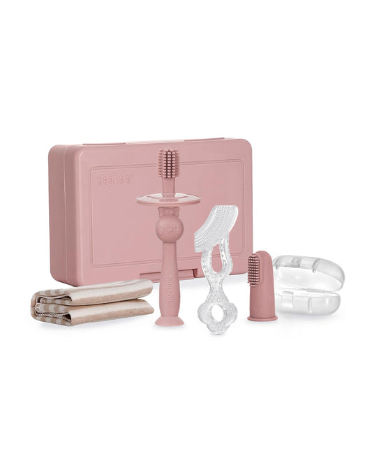 Haakaa Kids Oral Care Set-3-Stage Silicone Toothbrush Kit with Flannel & Storage Case-Blush
