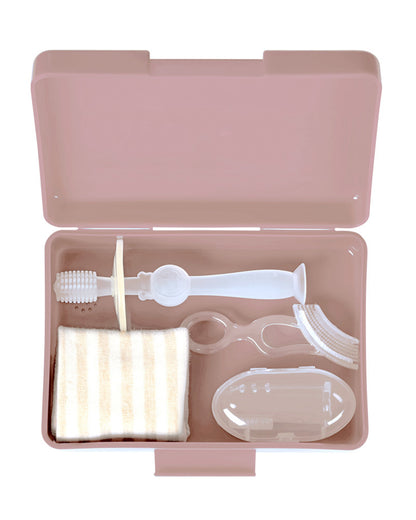 Haakaa Kids Oral Care Set-3-Stage Silicone Toothbrush Kit with Flannel & Storage Case-Blush