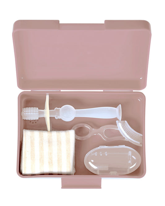 Haakaa Kids Oral Care Set-3-Stage Silicone Toothbrush Kit with Flannel & Storage Case-Blush