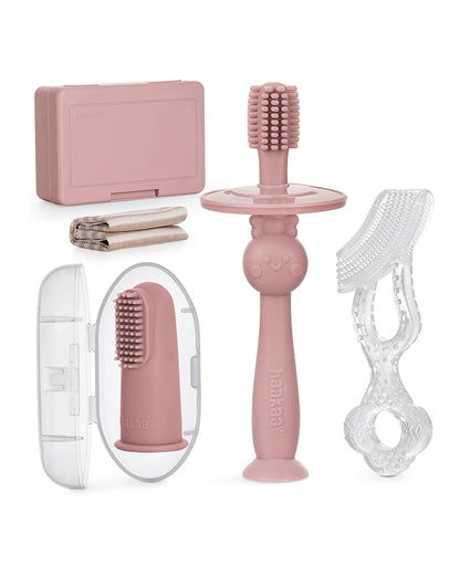 Haakaa Kids Oral Care Set-3-Stage Silicone Toothbrush Kit with Flannel & Storage Case-Blush
