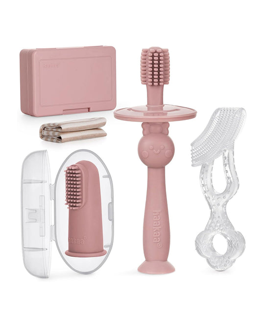Haakaa Kids Oral Care Set-3-Stage Silicone Toothbrush Kit with Flannel & Storage Case-Blush