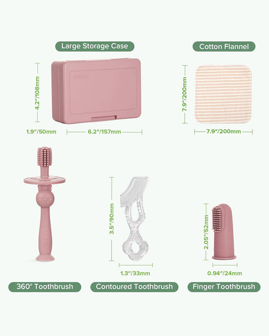 Haakaa Kids Oral Care Set-3-Stage Silicone Toothbrush Kit with Flannel & Storage Case-Blush