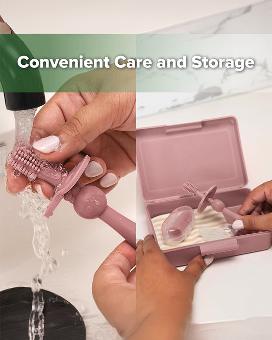 Haakaa Kids Oral Care Set-3-Stage Silicone Toothbrush Kit with Flannel & Storage Case-Blush