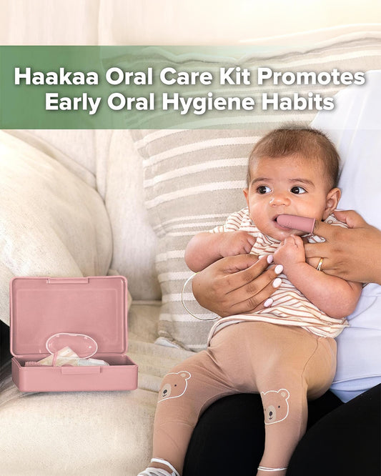 Haakaa Kids Oral Care Set-3-Stage Silicone Toothbrush Kit with Flannel & Storage Case-Blush