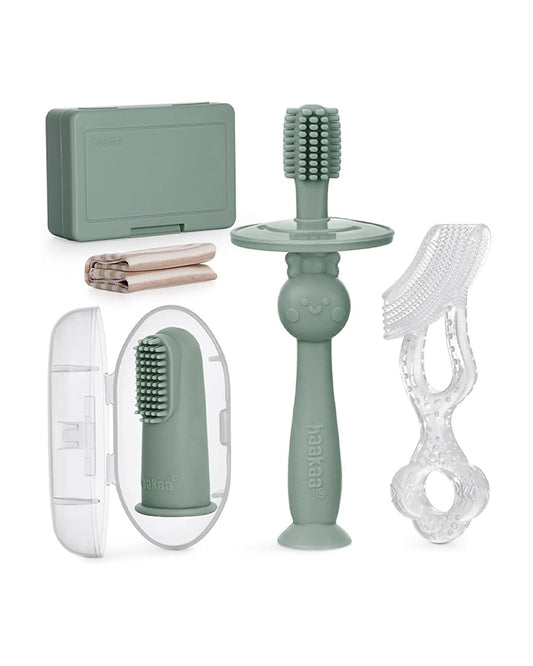 Haakaa Kids Oral Care Set-3-Stage Silicone Toothbrush Kit with Flannel & Storage Case-Pea Green