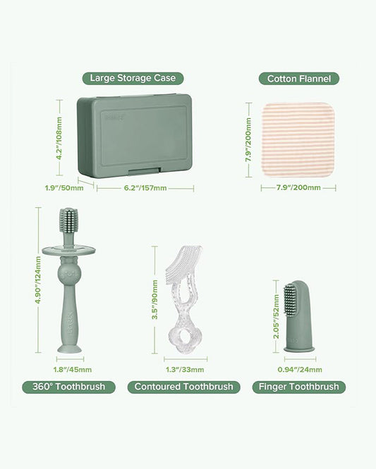 Haakaa Kids Oral Care Set-3-Stage Silicone Toothbrush Kit with Flannel & Storage Case-Pea Green