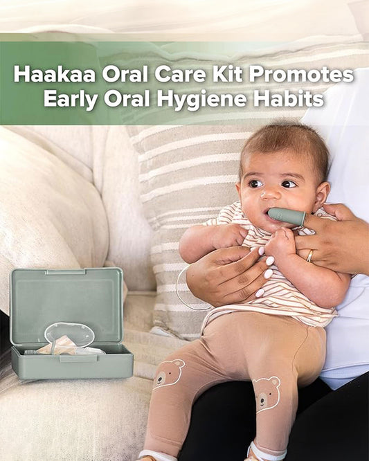 Haakaa Kids Oral Care Set-3-Stage Silicone Toothbrush Kit with Flannel & Storage Case-Pea Green