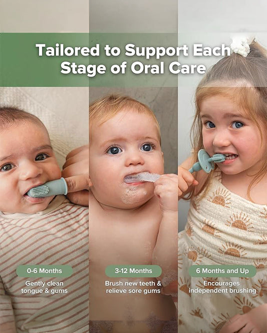 Haakaa Kids Oral Care Set-3-Stage Silicone Toothbrush Kit with Flannel & Storage Case-Pea Green
