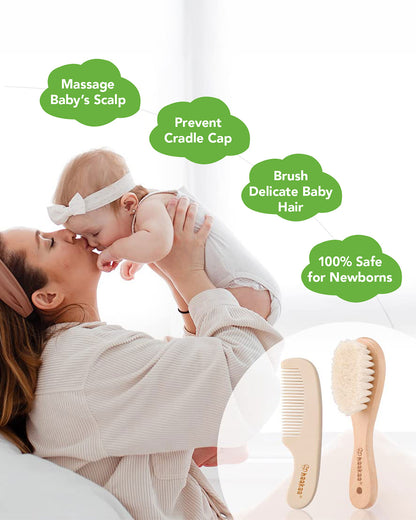 Haakaa Wooden Baby Hair Brush & Comb Set-With Soft Wool Bristles