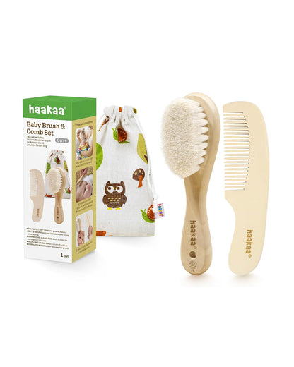 Haakaa Wooden Baby Hair Brush & Comb Set-With Soft Wool Bristles