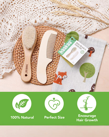Haakaa Wooden Baby Hair Brush & Comb Set-With Soft Wool Bristles