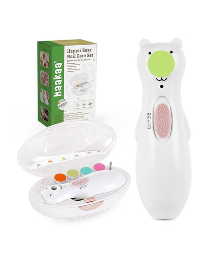 Haakaa Happii Bear Rechargeable Nail Trimmer Set-With 5 Replacement Pads & Soft LED Light-Polar White