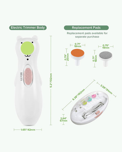 Haakaa Happii Bear Rechargeable Nail Trimmer Set-With 5 Replacement Pads & Soft LED Light-Polar White