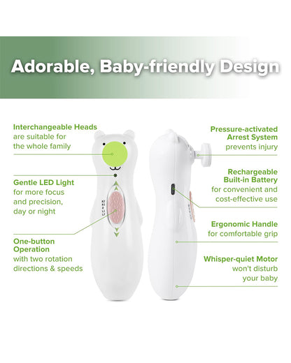 Haakaa Happii Bear Rechargeable Nail Trimmer Set-With 5 Replacement Pads & Soft LED Light-Polar White