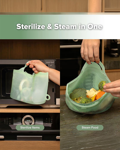 Haakaa Multipurpose Steamer & Steriliser Bag-Sealing Strip & Buckles to Reduce the Spill Risks-With Measurement Markings-1250ml