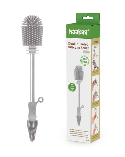 Haakaa Double Ended Silicone Bottle & Nipple Cleaning Brush-Easy-grip & Non-slip Handles-BPA & PVC Free-Grey