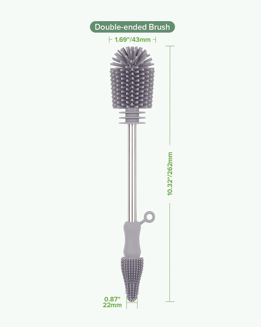 Haakaa Double Ended Silicone Bottle & Nipple Cleaning Brush-Easy-grip & Non-slip Handles-BPA & PVC Free-Grey