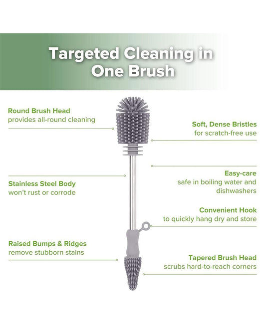 Haakaa Double Ended Silicone Bottle & Nipple Cleaning Brush-Easy-grip & Non-slip Handles-BPA & PVC Free-Grey