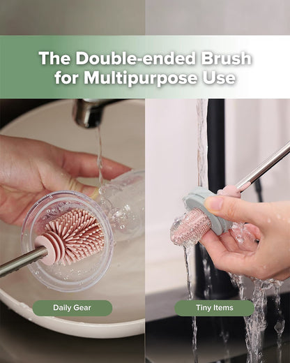 Haakaa Double Ended Silicone Bottle & Nipple Cleaning Brush-Easy-grip & Non-slip Handles-BPA & PVC Free-Blush