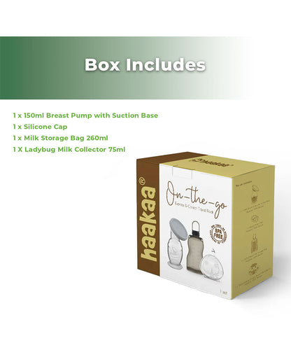 Haakaa On-The-Go Express & Collect Travel Pack-Silicone Breast Pump & Feeding Set-Dishwasher & Freezer Safe-Pack of 4