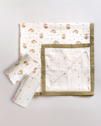 Twingle 100% Organic Muslin Swaddle & Blanket Set-Cozy Roars-Generously Sized Swaddles & 4-Layer Muslin Blanket-All-Season Comfort-White & Light Grey-For Infants