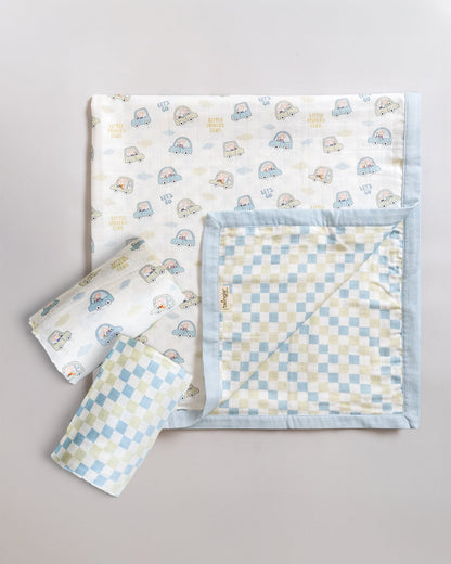 Twingle 100% Organic Muslin Swaddle & Blanket Set-Little Drivers-Generously Sized Swaddles & 4-Layer Muslin Blanket-All-Season Comfort-White & Blue-For Infants
