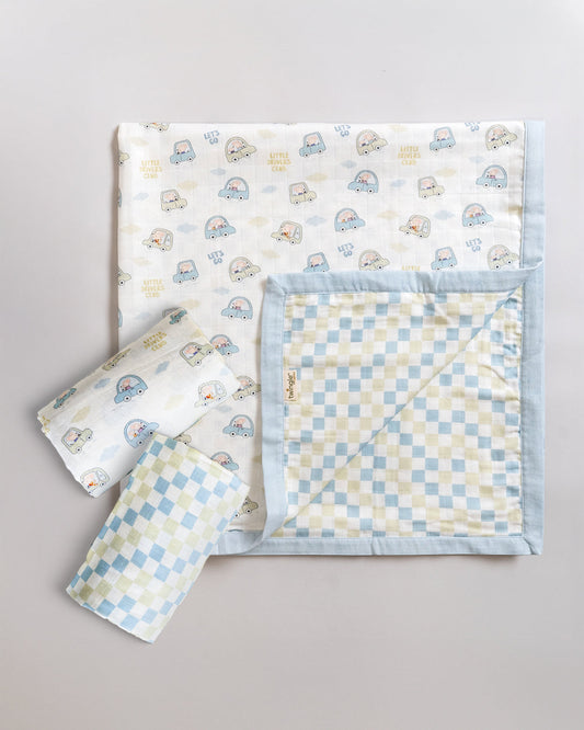 Twingle 100% Organic Muslin Swaddle & Blanket Set-Little Drivers-Generously Sized Swaddles & 4-Layer Muslin Blanket-All-Season Comfort-White & Blue-For Infants