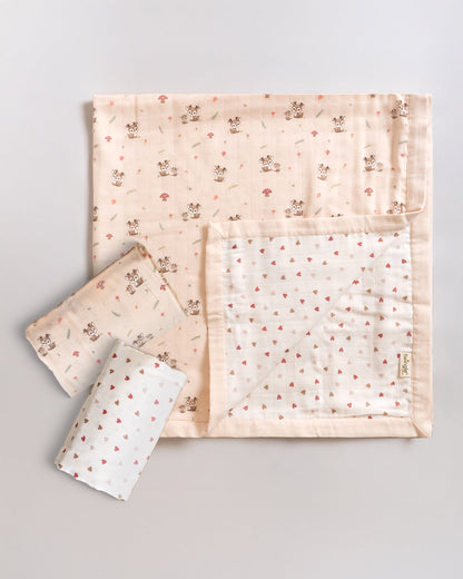 Twingle 100% Organic Muslin Swaddle & Blanket Set-Mama Deer-Generously Sized Swaddles & 4-Layer Muslin Blanket-All-Season Comfort-White & Pastel Pink-For Infants