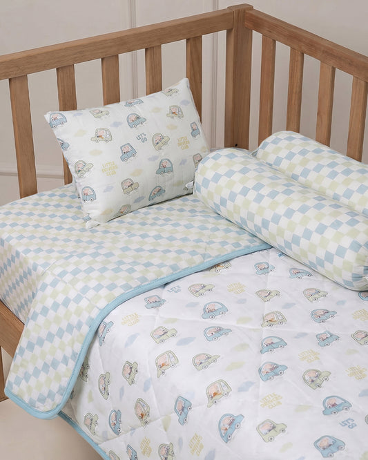Twingle 100% Organic Muslin Little Drivers Baby Bedding Set-Pack of 5-Reversible Quilt, All-round Elastic Bedsheet, Pillow & Bolsters-Eco Certified Genesta baby safe Inks-White & Blue-For Infants