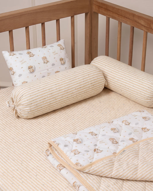 Twingle 100% Organic Muslin Sleepy Owls Baby Bedding Set-Pack of 5-Reversible Quilt, All-round Elastic Bedsheet, Pillow & Bolsters-Eco Certified Genesta baby safe Inks-White & Beige-For Infants