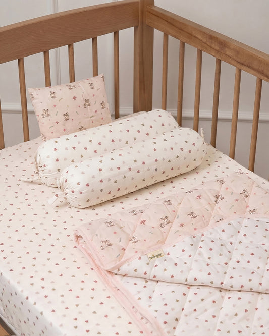 Twingle 100% Organic Muslin Mama Deer Baby Bedding Set-Pack of 5-Reversible Quilt, All-round Elastic Bedsheet, Pillow & Bolsters-Eco Certified Genesta baby safe Inks-White & Blue-For Infants