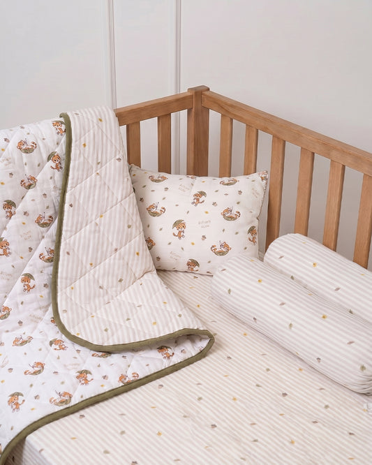 Twingle 100% Organic Muslin Sleepy Owls Baby Bedding Set-Pack of 5-Reversible Quilt, All-round Elastic Bedsheet, Pillow & Bolsters-Eco Certified Genesta baby safe Inks-White & Blue-For Infants
