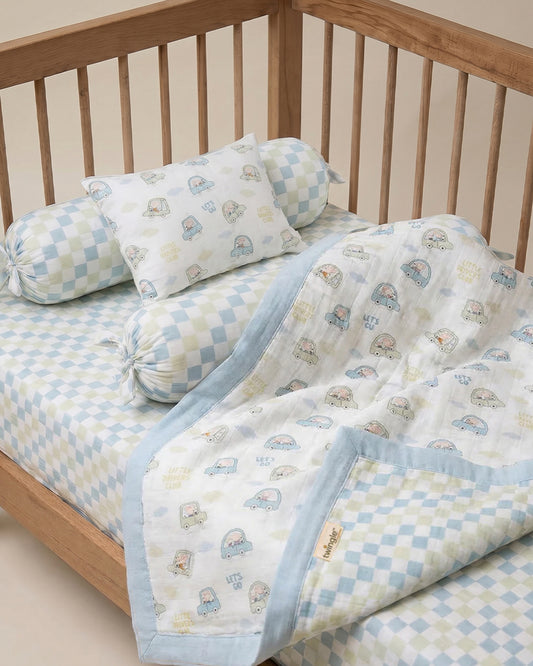 Twingle 100% Organic Muslin Little Drivers Baby Bedding Set-Pack of 5-Reversible Blanket, All-round Elastic Bedsheet, Pillow & Bolsters-Eco Certified Genesta baby safe Inks-White & Blue-For Infants
