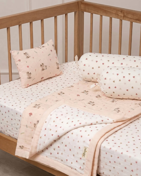Twingle 100% Organic Muslin Mama Deer Baby Bedding Set-Pack of 5-Reversible Blanket, All-round Elastic Bedsheet, Pillow & Bolsters-Eco Certified Genesta baby safe Inks-White & Blue-For Infants