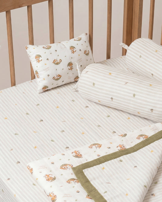 Twingle 100% Organic Muslin Cozy Roars Baby Bedding Set-Pack of 5-Reversible Blanket, All-round Elastic Bedsheet, Pillow & Bolsters-Eco Certified Genesta baby safe Inks-White & Blue-For Infants