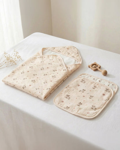 Twingle 100% Organic Muslin Hooded Towel with 2 Face Towels-Gentle on Delicate Skin-Backed by Highly Absorbent Terry-Deer & Hearts Print-Pack of 3-For Infants