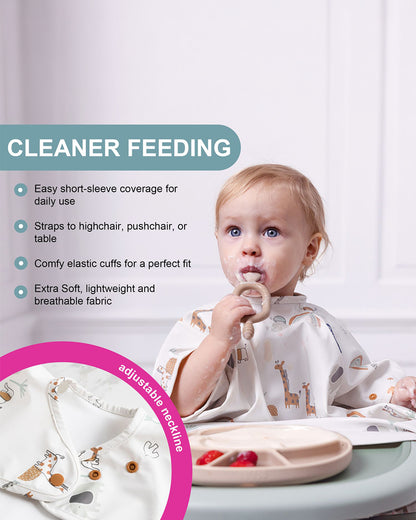 Bibado Short Sleeve Coverall Weaning Bib-Stain & Waterproof with Adjustable Straps-Serengeti Spaghetti-For Infants