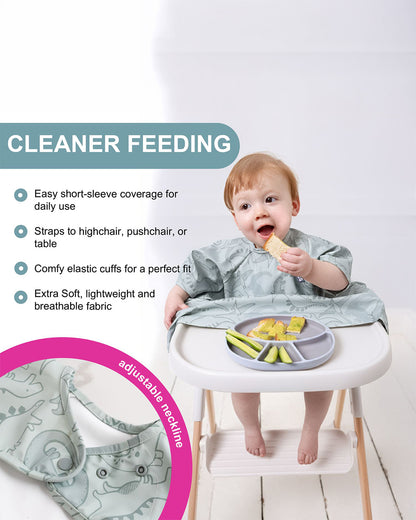 Bibado Short Sleeve Coverall Weaning Bib-Stain & Waterproof with Adjustable Straps-Dino Roar-For Infants