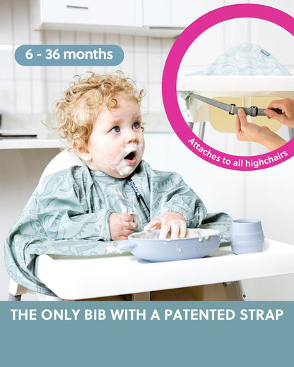 Bibado Short Sleeve Coverall Weaning Bib-Stain & Waterproof with Adjustable Straps-Dino Roar-For Infants