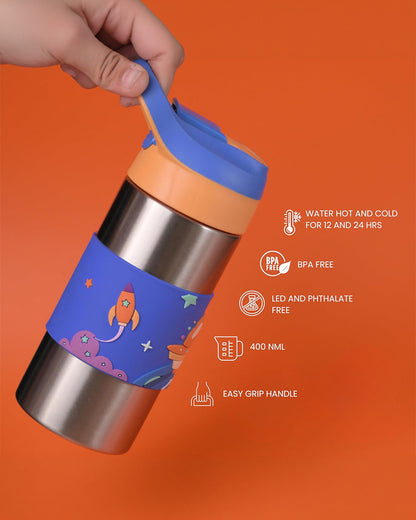 Theoni Siphappy Stainless Steel Straw Sipper-24 Hours Cold & 12 Hours Hot-Anti Skid Silicone Base-Milo Blue-400 ml