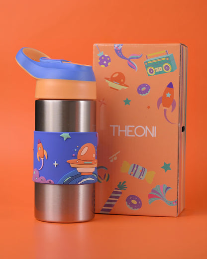 Theoni Siphappy Stainless Steel Straw Sipper-24 Hours Cold & 12 Hours Hot-Anti Skid Silicone Base-Milo Blue-400 ml